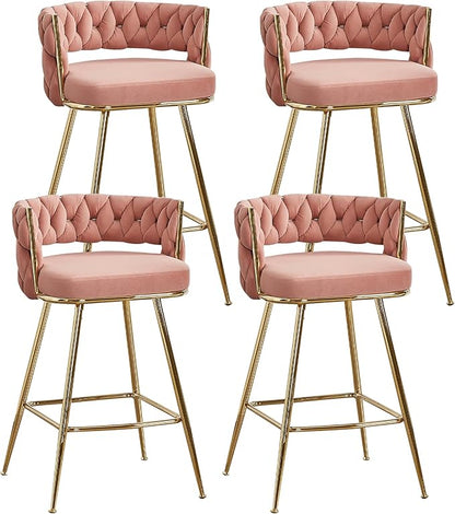 VECELO Bar Stools Set of 4, Counter Height Bar Stools, 26 inch Seat Barstools with Woven Back and Footrest for Kitchen Island Counter, Pink