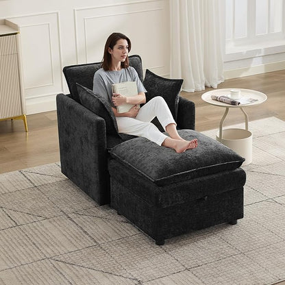30" Cloud Modular Single Sofa Chair with Storage Ottoman, Modern Upholstered Accent Chair with Storage, Chenille Reading Lounge Armchair for Living Room, Bedroom, Small Space, Black