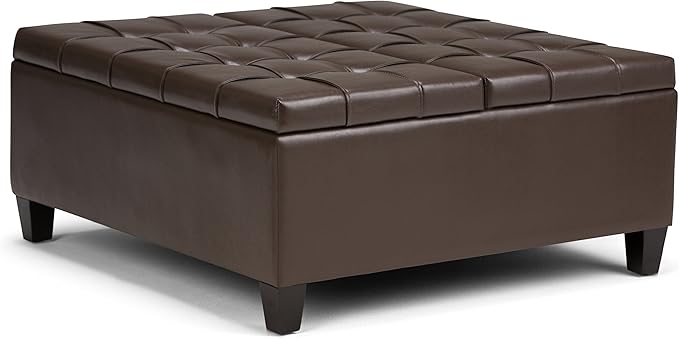 SIMPLIHOME Harrison 36 inch Wide Transitional Square Coffee Table Storage Ottoman in Chocolate Brown Vegan Faux Leather, Assembled, For the Living Room and Bedroom