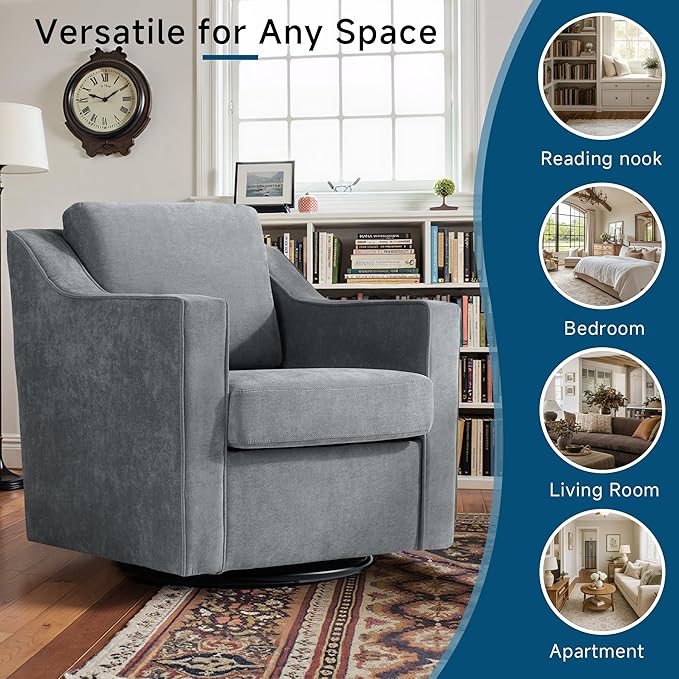 Pia Ricco 360° Swivel Accent Chair, Plush Oversized Chenille Fabric Armchair with Removable Cover for Living Room and Reception,Gary