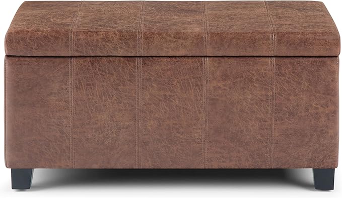 SIMPLIHOME Dover 36 inch Wide Contemporary Rectangle Storage Ottoman Bench in Distressed Umber Brown Vegan Faux Leather, Assembled, For the Living Room, Entryway and Family Room