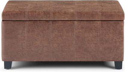 SIMPLIHOME Dover 36 inch Wide Contemporary Rectangle Storage Ottoman Bench in Distressed Umber Brown Vegan Faux Leather, Assembled, For the Living Room, Entryway and Family Room