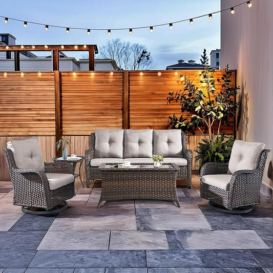 HUMMUH Wicker Patio Furniture Set with Outdoor Swivel Rocker Patio Chairs,High Back Outdoor Couch and Table 5 Pieces Outdoor Furniture for Porch Garden Deck