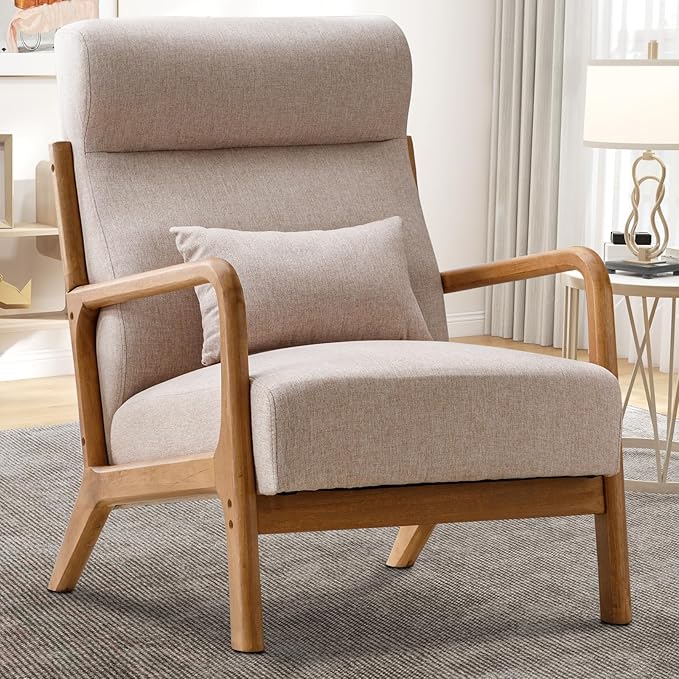 Accent Chair Mid Century Modern Chair Linen Fabric Living Room Chairs with Solid Wood Frame Comfy Upholstered and Lumbar Pillow Reading Side Chair Easy Assembly for Bedroom (2, Beige)