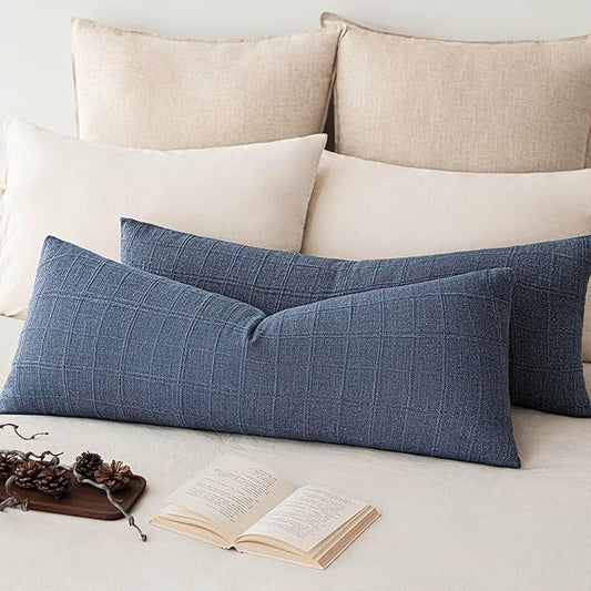 Foindtower Set of 2 Decorative Linen Check Throw Pillow Covers Neutral Farmhouse Lumbar Cushion Covers Modern Coastal Boho Home Decor for Sofa Chair Couch Bedroom Living Room,12×24 Inch,Blue