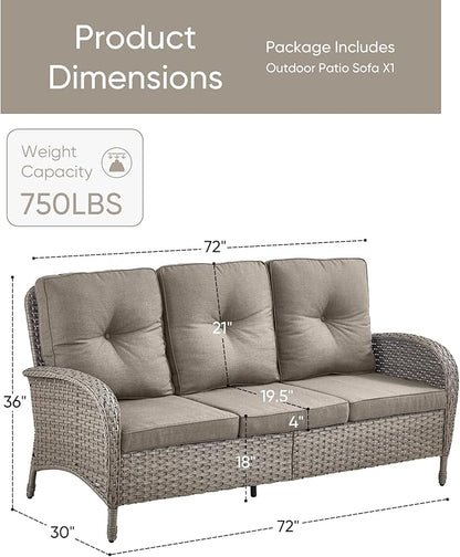 HUMMUH Outdoor Patio Couch-Outdoor Rattan Couch with Thick Cushions Outdoor Sofa for Deck Lawn Porch Balcony Poolside-Grey/Grey