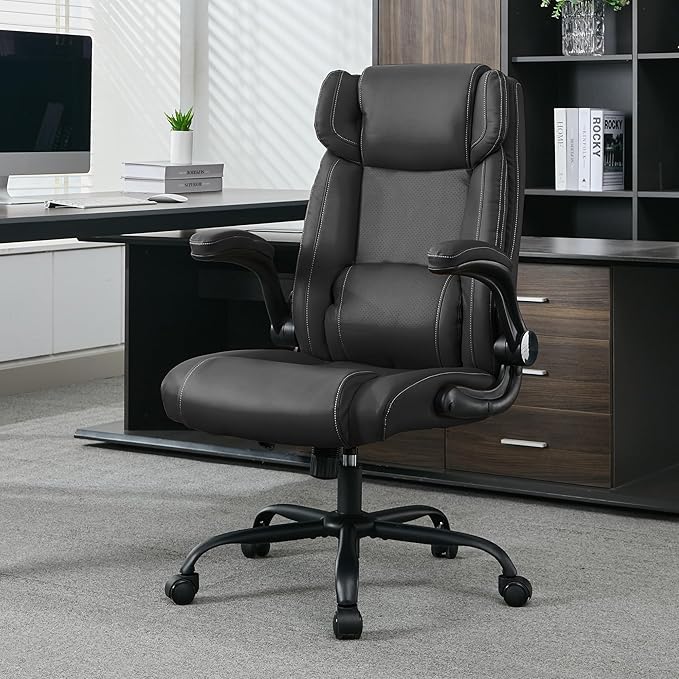 Office Desk Chair,Ergonomic Conference Room Chairs,Mid Back Executive Leather Chair,Comfy Computer Desk Chairs with Adjustable Flip-Up Arms and Rocking Function (Black)