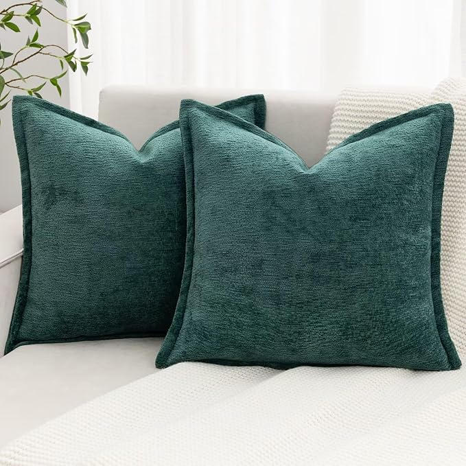 Green Decorative Throw Pillow Covers 16x16 Inch Set of 2 Cozy Soild Chenille Cushion Cases Soft Textured Square Couch Pillows Cover Boho Accent Farmhouse Pillowcases for Sofa Bed