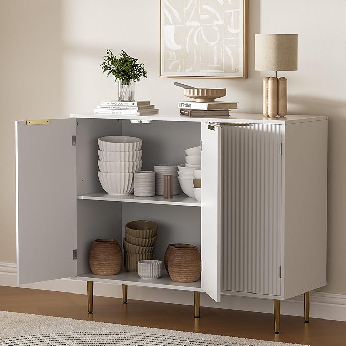 Fluted Sideboard Buffet with 3 Doors, Modern Accent Cabinet with Adjustable Shelves, Kitchen Storage Cabinet with Golden Handles, Coffee Bar for Kitchen, Living Room, White
