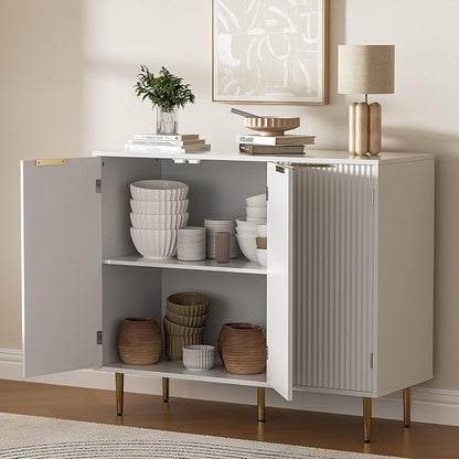 Fluted Sideboard Buffet with 3 Doors, Modern Accent Cabinet with Adjustable Shelves, Kitchen Storage Cabinet with Golden Handles, Coffee Bar for Kitchen, Living Room, White
