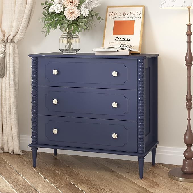 3 Drawer Dresser, 32 inch Wide Dresser for Bedroom, Modern Wood Chest of Drawers, Turned Legs Nightstand with 3 Drawers for Dorms, Hallway, Entryway (Blue)