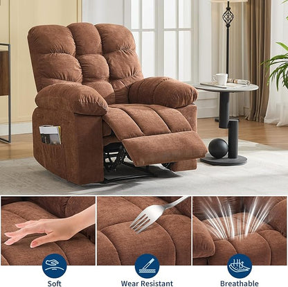 Recliner Rocking Chair with Massage and Heat, Wide Overstuffed Ergonomic Fabric Recliner with Breathable Upholstery, 2 Side Pockets & Remote Control for Living Room or Bedroom