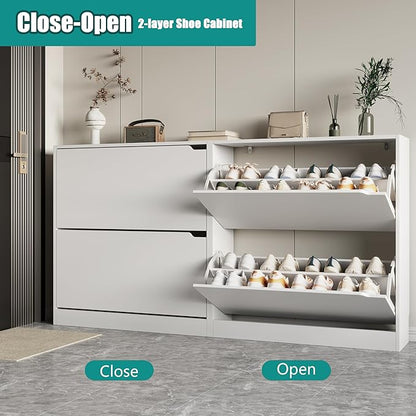 Shoe Storage Cabinet for Entryway with 2 Flip Drawers, Wood Freestanding Hidden Shoe Storage, Narrow Slim Sturdy Shoe Organizer for Front Door Entrance, Living Room, Hallway, Bedroom, White