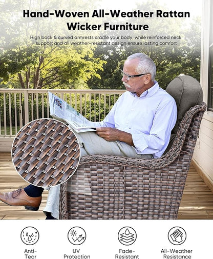 7-Piece Outdoor Wicker Patio Furniture Set with Swivel Glider Chairs, 3-Seat Sofa, Coffee Table & Ottomans 5” Olefin Cushions Ergonomic Neck-Lumbar Backrest All-Weather Rattan for Garden, Deck, Porch