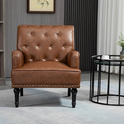 MOJAY Faux Leather Accent Chair, Mid-Century Armchair Living Room Sofa Chair with Rubber Wood Leg, Club Chair with Rivet Trim for Bedroom Reading Room Reception (Brown)