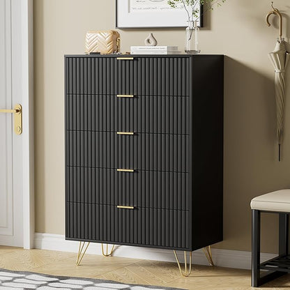 Black Dresser for Bedroom, Fluted Modern Dresser with Gold Pulls and 5 Drawers, 15.7" D x 31.5" W x 47.2" H