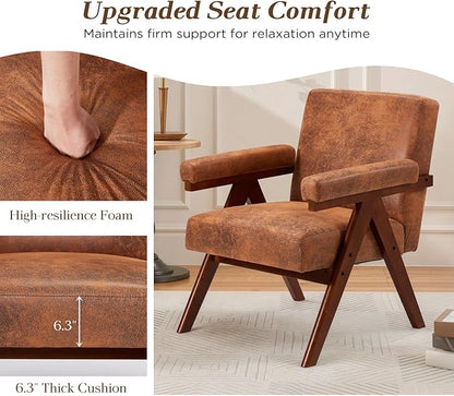 MELLCOM Mid-Century Modern Accent Leather Chair, Comfy Accent Chair with Solid Wood Frame,Upholstered Lounge Arm Chairs with Plump Cushion,Easy Assembly Reading Chair for Living Room,Bedroom,Brown