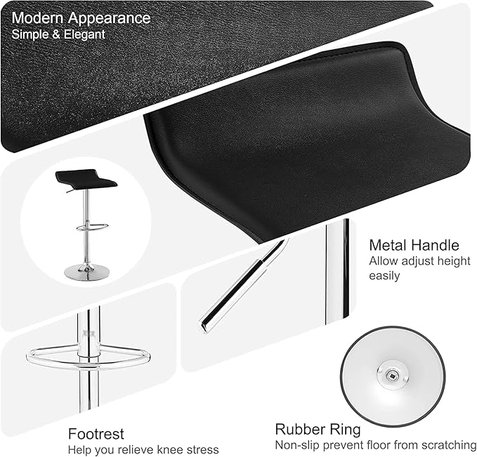 VECELO Bar Stools Set of 2, Swivel Bar Chairs, Adjustable Counter Bar Stools, Modern Armless PVC Stools for Kitchen/Island/Bar/Dining Room/Party, Dark Black