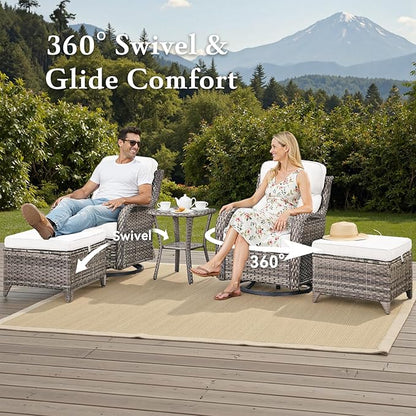 Belord Luxury 6" Thick Cushioned 5 Pieces Patio Furniture Set with 2 Ottomans, Wicker Outdoor Conversation Set with High Back Swivel Rocker Patio Chairs for Deck Porch Yard and Poolside - Grey+Beige