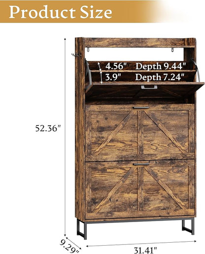 Shoe Cabinet Storage for Entryway, Shoe Storage Cabinet with 3 Flip Drawers, Freestanding Narrow Shoe Rack Organizer with Metal Legs & Side Hook for Foyer, Hallway, Brown