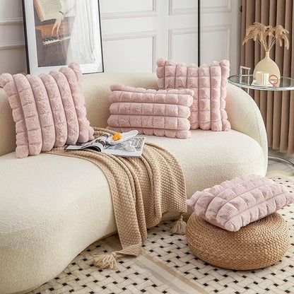 Neelvin Pink Faux Fur Cozy Soft Plaid Decorative Throw Pillow Covers 24x24 inch Set of 2,Velvet Pillowcase Cushion Case for Sofa Couch