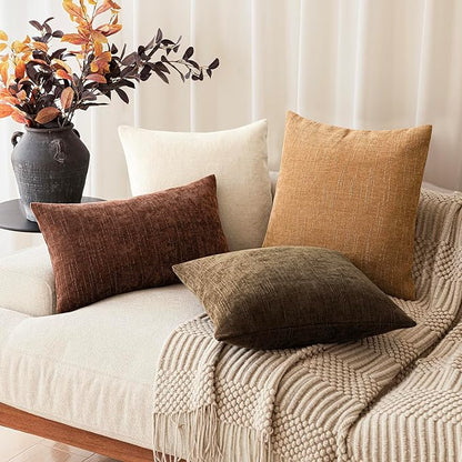 Foindtower Set of 2 Soft Textured Chenille Throw Decorative Pillow Covers Square Accent Solid Cushion Cover Neutral Farmhouse Pillow Case for Couch Sofa Bedroom Living Room 16x16 Inch,Golden Brown