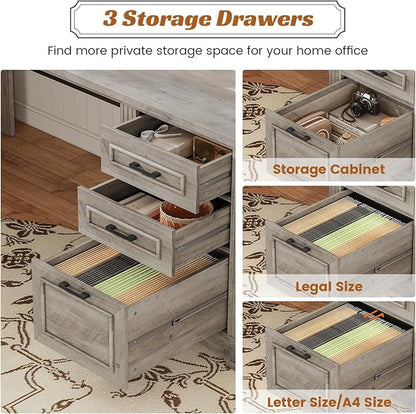 SEDETA Executive Office Desk with 3 Drawers, Farmhouse 55" Computer Desk with Storage File Drawers & Power Outlet for Home Office, Grey