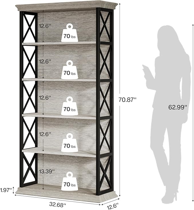 Tribesigns 71-Inch Tall Bookcase, 5-Tier Industrial Metal Bookshelf, Large Etagere Bookcases and Bookshelves, Freestanding Display Shelves for Living Room, Bedroom, Gray and Black