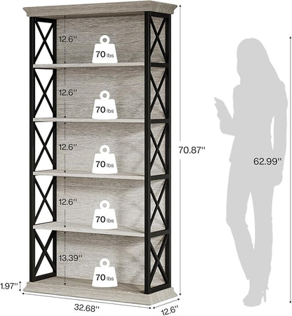 Tribesigns 71-Inch Tall Bookcase, 5-Tier Industrial Metal Bookshelf, Large Etagere Bookcases and Bookshelves, Freestanding Display Shelves for Living Room, Bedroom, Gray and Black