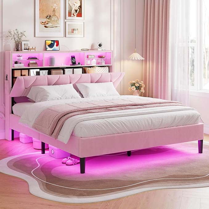 Queen Bed Frame with Storage Headboard,Power Outlet, Modern Velvet Upholstered Platform Bed LED Bed Frame with 5 Storage Shelves, No Box Spring Needed, Pink