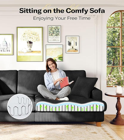 87in Corduroy Couch, Kidirect Sofa No Tool Assembly, Comfy Couches for Living Room 21in Deeper Seats, Corduroy Sofas for Living Room with 2 Pillows, Oversized Loveseat Sofa, Boho Love Seat Black Couch