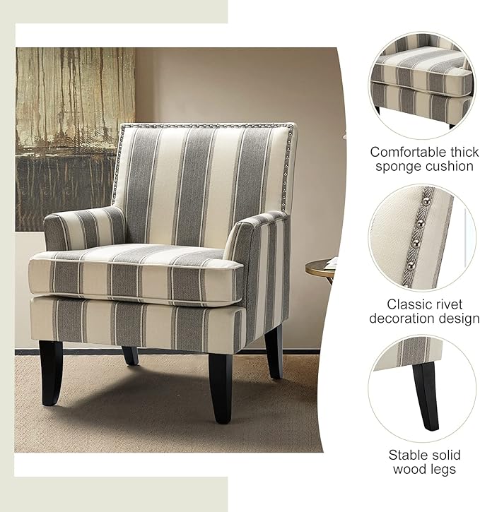 HULALA HOME Modern Accent Chairs Set of 2, Farmhouse High Back Striped Chairs with Wooden Legs & Nail Head Trim, Comfy Upholstered Armchairs for Living Room/Bedroom (Stripe Grey)