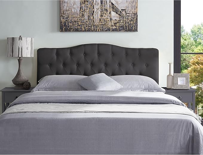 Naomi Home Cassandra Full Size Bed Headboard, Square Tufted, White Linen Fabric, Height Adjustable 42"-52", Metal Legs, Wall/Bed Mount