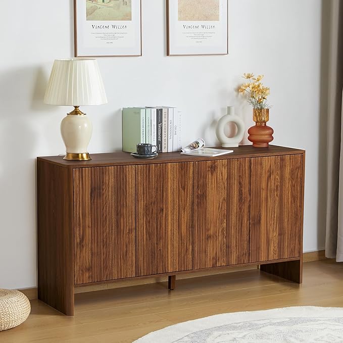 Sideboard Buffets Cabinet, Modern Accent Storage Cabinet with 4 Fluted Doors and Adjustable Shelves, Wood Credenza Buffet Sideboards, Console Table for Kitchen Dining Living Room Entryway (Walnut)