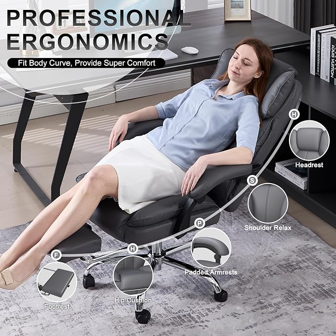 Big and Tall Office Chair, Executive Home Office Desk Chair, Leather Computer Chair with Retractable Footrest, Adjustable Headrest and Reclining Height, Padded Arms, 360°Swivel Free, Wide Seat, Gray