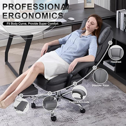 Big and Tall Office Chair, Executive Home Office Desk Chair, Leather Computer Chair with Retractable Footrest, Adjustable Headrest and Reclining Height, Padded Arms, 360°Swivel Free, Wide Seat, Gray