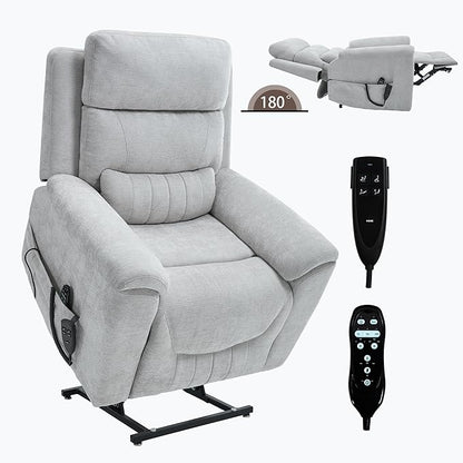 PELUMY Power Lift Recliner Chair for Elderly with Massage and Heat, Dual Motor Heavy Duty 350lbs Recliner, 8-Point Vibration & Lumbar Heating, Electric Lift Chair (Chenille, Light Grey)