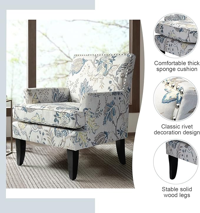 HULALA HOME Modern Accent Chair with Arms and Wooden Legs, Mid Century Accent Chair Armchair High Back Rest, Padded Armrest and Comfortable Cushioned Seat for Living Room (Blue Yellow Floral)