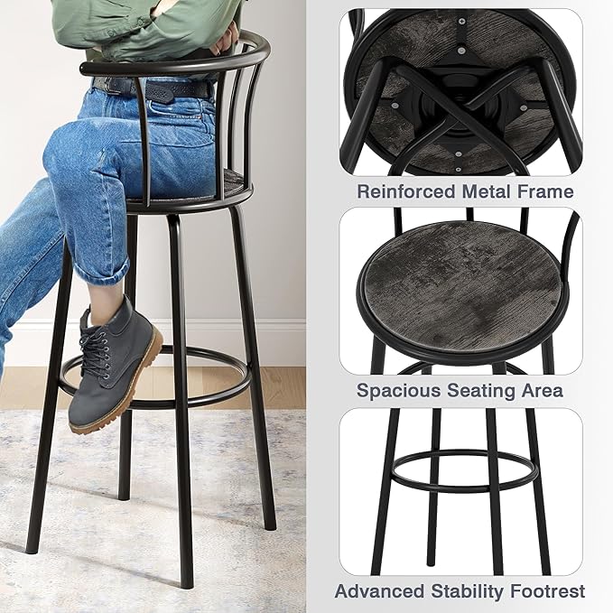 VECELO Bar Stools Set of 4, Swivel Counter Barstools with Backrest, Bar Height Chairs for Dining Room, Kitchen Island, Pub, Easy Assembly, Grey
