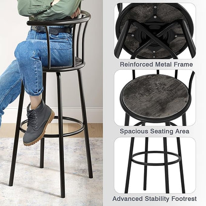 VECELO Bar Stools Set of 4, Swivel Counter Barstools with Backrest, Bar Height Chairs for Dining Room, Kitchen Island, Pub, Easy Assembly, Grey
