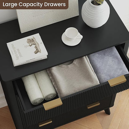 Fluted 5 Drawer Dresser, Tall Dresser with Deep Drawers, Wood Chest of Drawers for Bedroom, Modern Tall Chest Storage Organizer, Natural Finish for Hallway, Entryway, Living Room(Black)