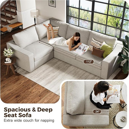 ABCASA 112" Convertible Sectional Sofa, Large L Shaped Couch with Detachable Sofa Cover, Modular Couch for Living Room, Breathable Linen Fabric Corner Sofa for Apartment, Oatmeal