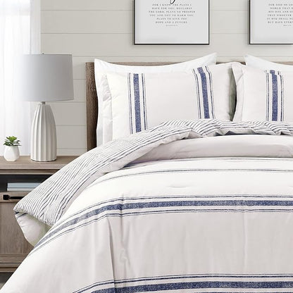Lush Decor Farmhouse Stripe Reversible Cotton Comforter Set, 3 Piece Set, California King, Navy - Cozy Farmhouse Bedding Set - Rustic Decor - Striped Comforter - Modern Farmhouse Bedroom Decor