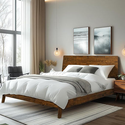Acacia Serenity Bed Frame with Headboard Solid Wood Platform Bed, Queen Bed Frame, Tall Headboard Wood Bed Compatible with All Mattress Types, No Box Spring Needed, Quick & Easy Assembly, Caramel