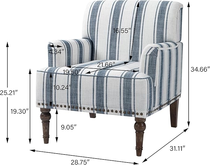 UIXE Stripe Accent Chairs Set of 2, Living Room Arm Chair Modern Nailhead Trim Club Armchair, Comfy Upholstered Sofa Lounge Seat Reading Seat Bedroom Side Seating for Home Office, Dark Blue
