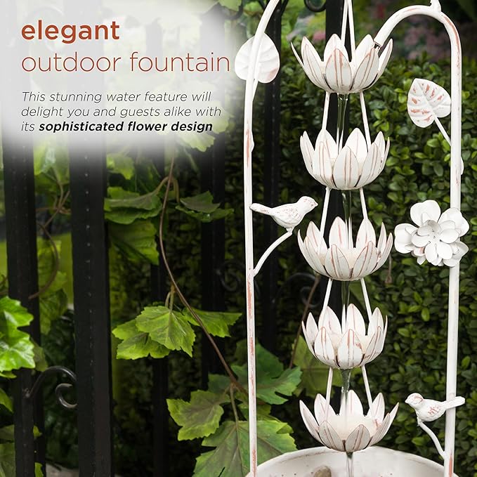 Alpine Corporation YHL866 30"" Metal Rustic Water Fountain with Decorative Flower – Cascading Waterfall Feature for Gardens, Patios, and Outdoor Décor, White