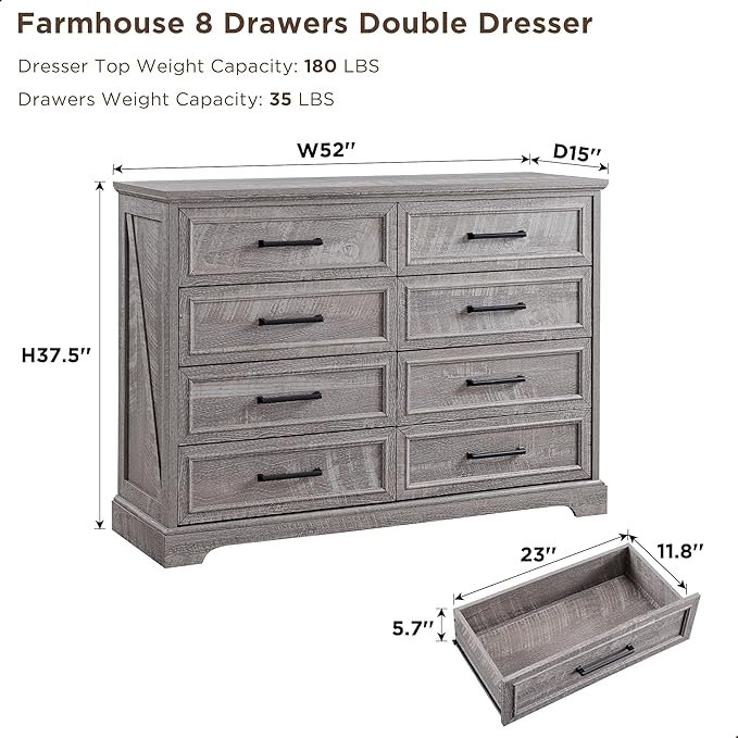 ACCOHOHO Farmhouse 8 Drawers Dresser Chests for Bedroom,52" Wide Wood Rustic Chest of Drawers with Metal Handle,Natural Texture,Drawer Organizer for Bedroom,Living Room,Hallway and Entryway,Grey