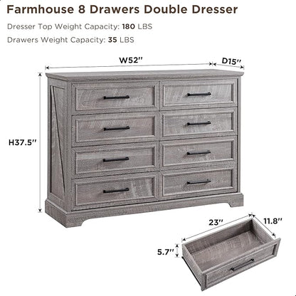 ACCOHOHO Farmhouse 8 Drawers Dresser Chests for Bedroom,52" Wide Wood Rustic Chest of Drawers with Metal Handle,Natural Texture,Drawer Organizer for Bedroom,Living Room,Hallway and Entryway,Grey