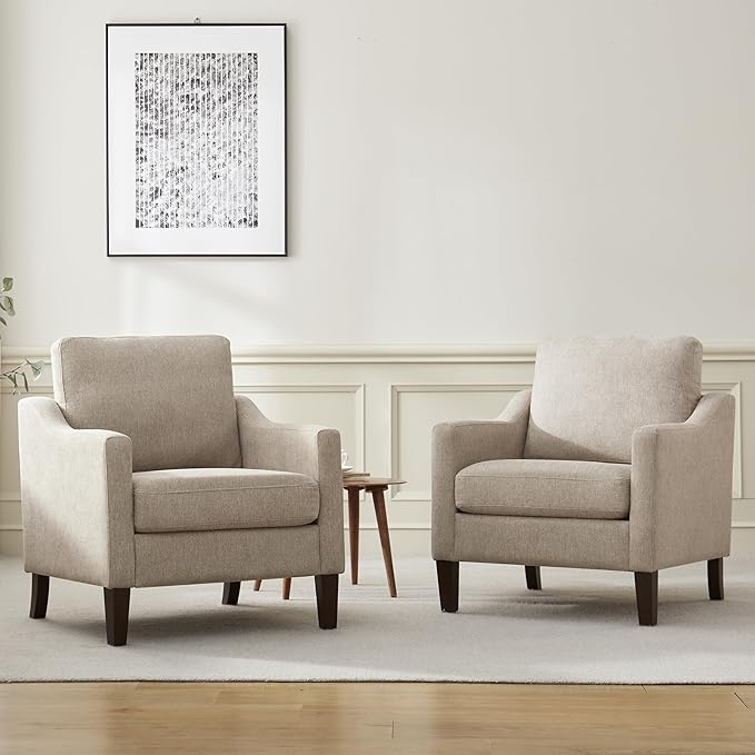 VKNOW Mid Century Modern Accent Chair, Upholstered Living Room Chairs Armchair for Bedroom, Comfy Reading Accent Chairs with Wood Legs for Living Room, Brown