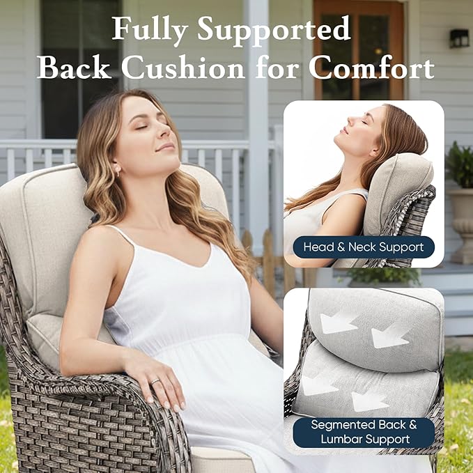 Belord Luxury 6" Thick Cushioned Outdoor Swivel Rocker Patio Chairs of 2, High Back Wicker Patio Furniture Set with Ergonomic Zone Back, Conversation Glider Set for Deck Porch - Grey+Beige